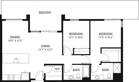 Floor plan for 2 beds, 2 baths, 1093 sqft